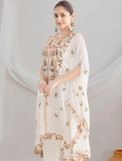 White Casual Premium Chinon Fabric Floral Embroidered Kurta Sets