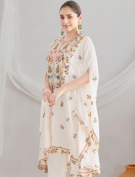 White Casual Premium Chinon Fabric Floral Embroidered Kurta Sets