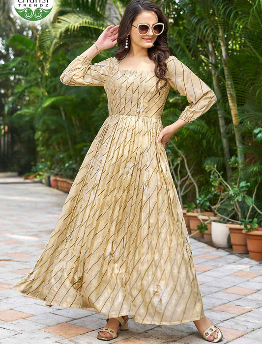 Ethnic Cream Chinon With Crepe Inner Balloon Sleeves Long Gown