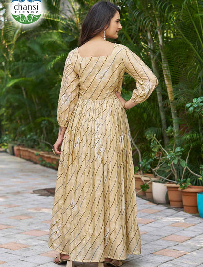 Ethnic Cream Chinon With Crepe Inner Balloon Sleeves Long Gown