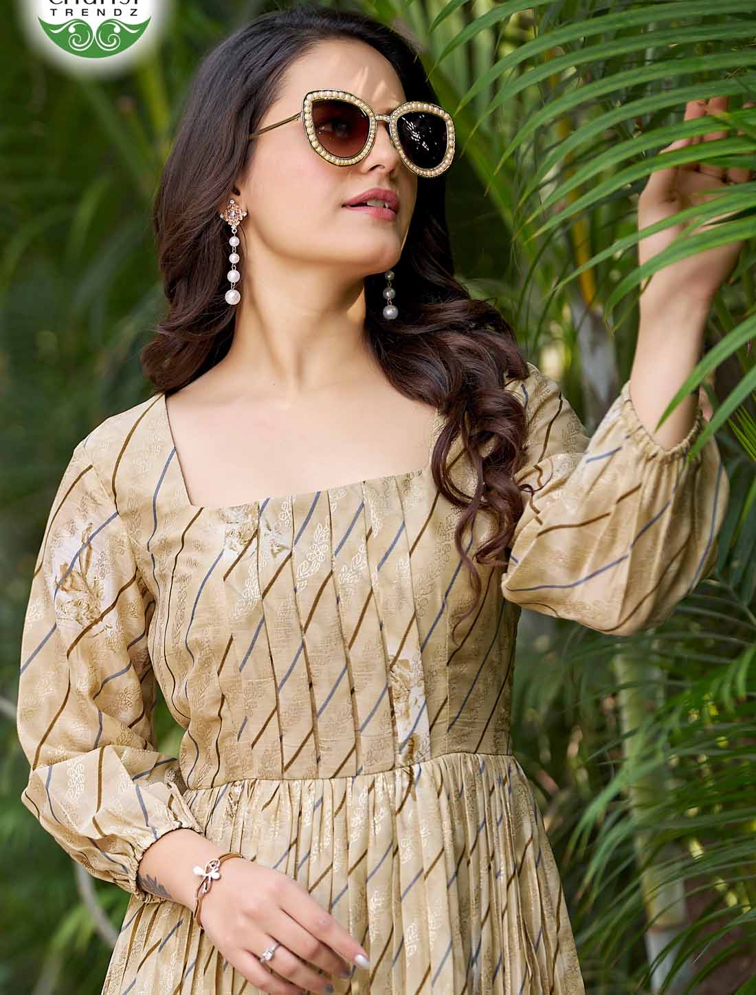 Ethnic Cream Chinon With Crepe Inner Balloon Sleeves Long Gown