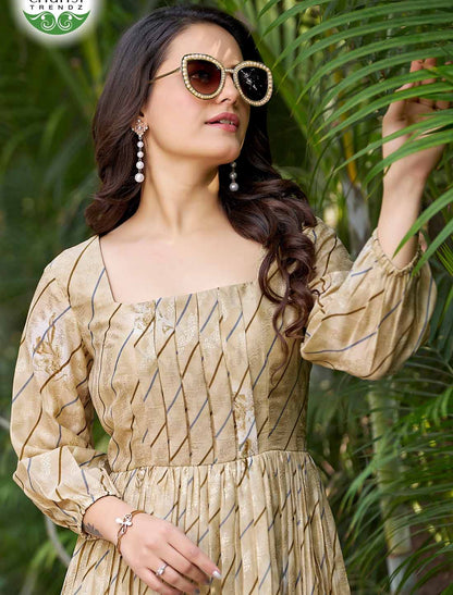 Ethnic Cream Chinon With Crepe Inner Balloon Sleeves Long Gown