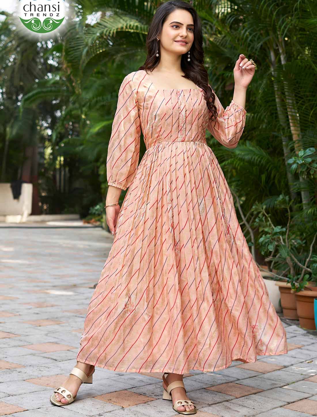 Ethnic Peach Chinon With Crepe Inner Balloon Sleeves Long Gown