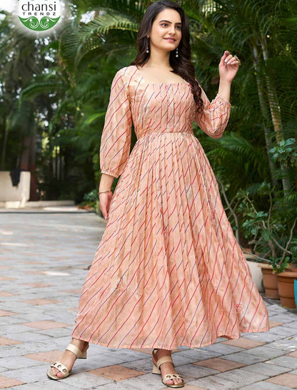 Ethnic Peach Chinon With Crepe Inner Balloon Sleeves Long Gown