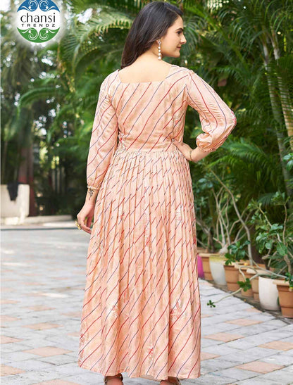 Ethnic Peach Chinon With Crepe Inner Balloon Sleeves Long Gown