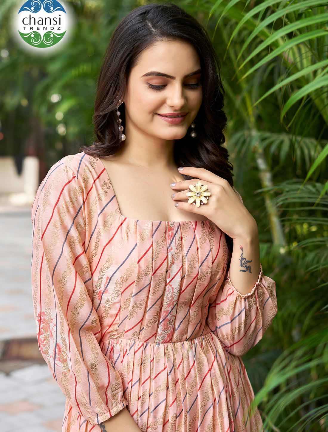 Ethnic Peach Chinon With Crepe Inner Balloon Sleeves Long Gown