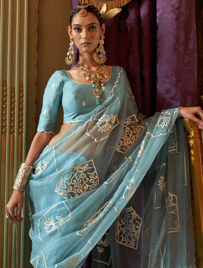 Sky Blue Ruby Chiffon Multi Thread Embroidery Work Ethnic Saree