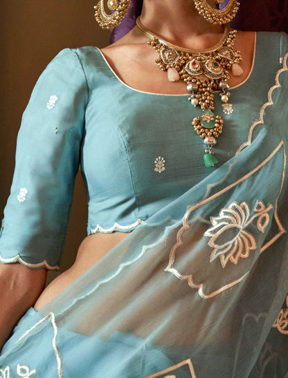 Sky Blue Ruby Chiffon Multi Thread Embroidery Work Ethnic Saree
