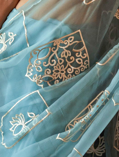 Sky Blue Ruby Chiffon Multi Thread Embroidery Work Ethnic Saree