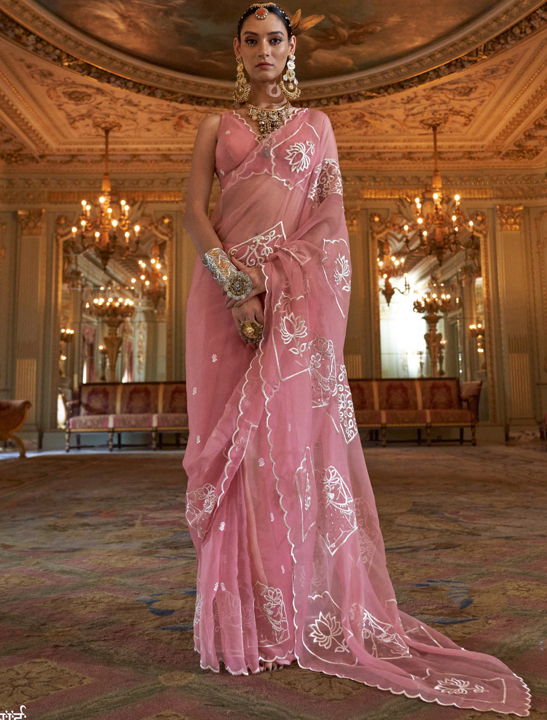 Ethnic Light Pink Ruby Chiffon Multi Thread Embroidery Work Saree