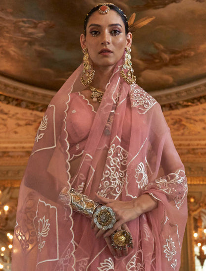 Ethnic Light Pink Ruby Chiffon Multi Thread Embroidery Work Saree
