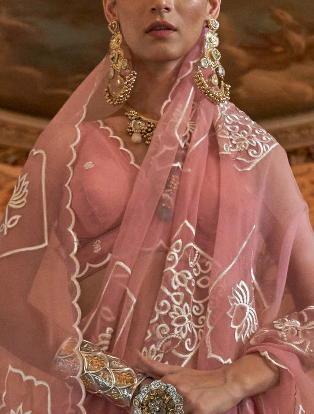Ethnic Light Pink Ruby Chiffon Multi Thread Embroidery Work Saree