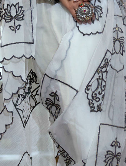 White Ruby Chiffon Multi Thread Embroidery Work Ethnic Saree