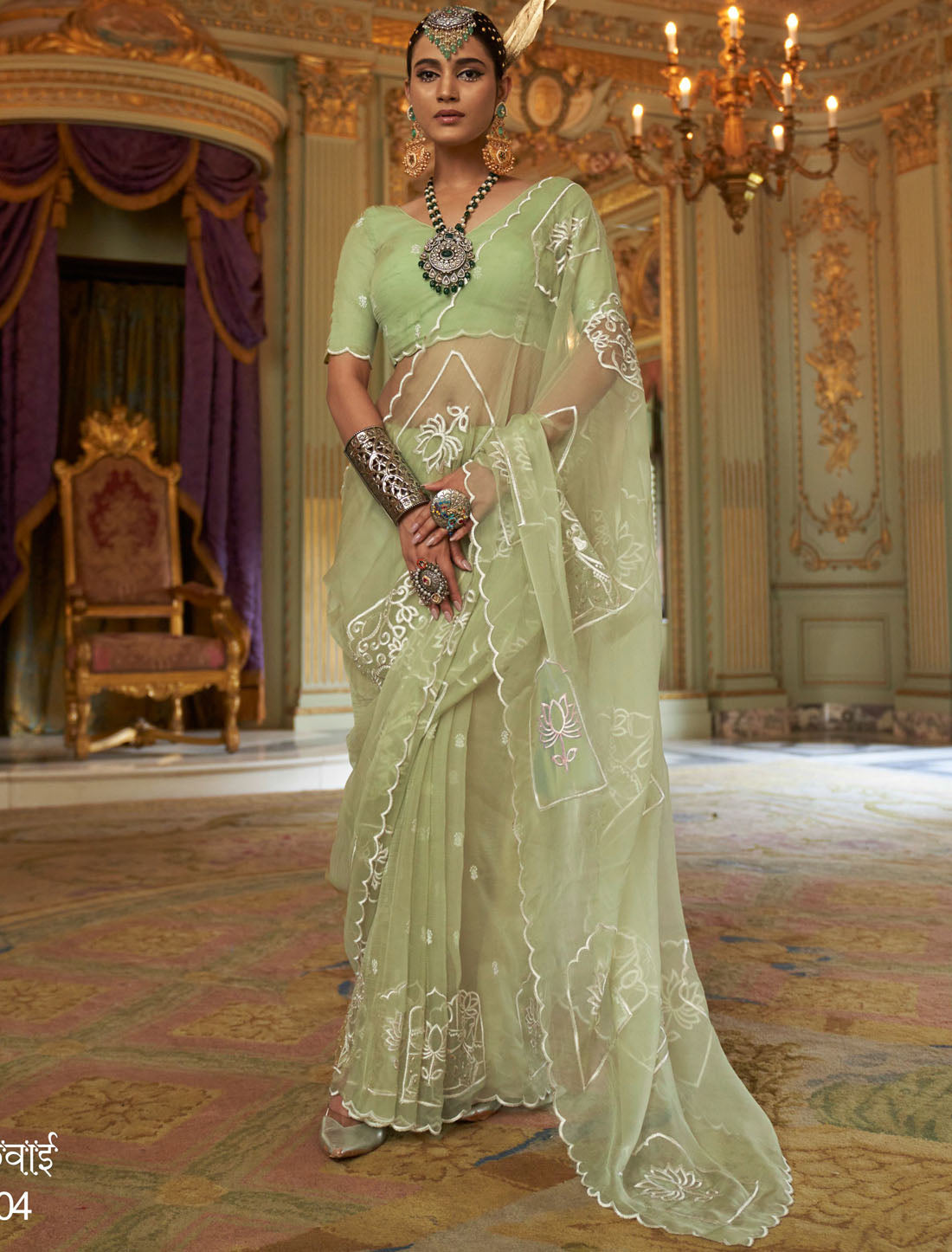 Ruby Chiffon Pista Green Multi Thread Embroidery Work Ethnic Saree