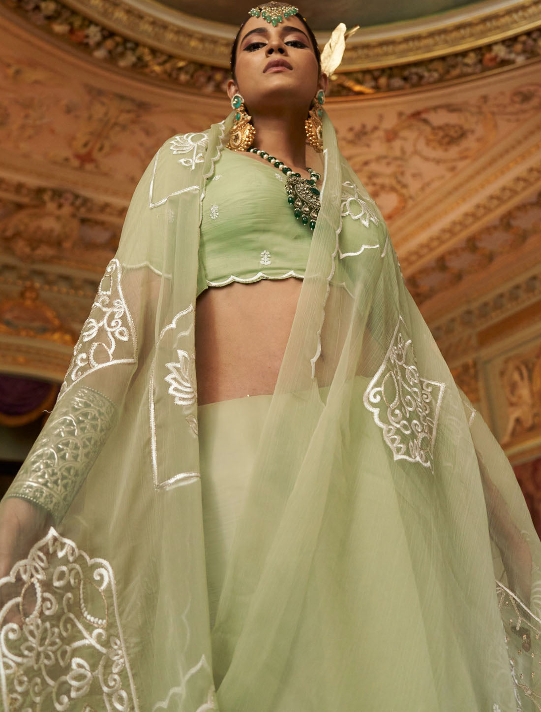 Ruby Chiffon Pista Green Multi Thread Embroidery Work Ethnic Saree