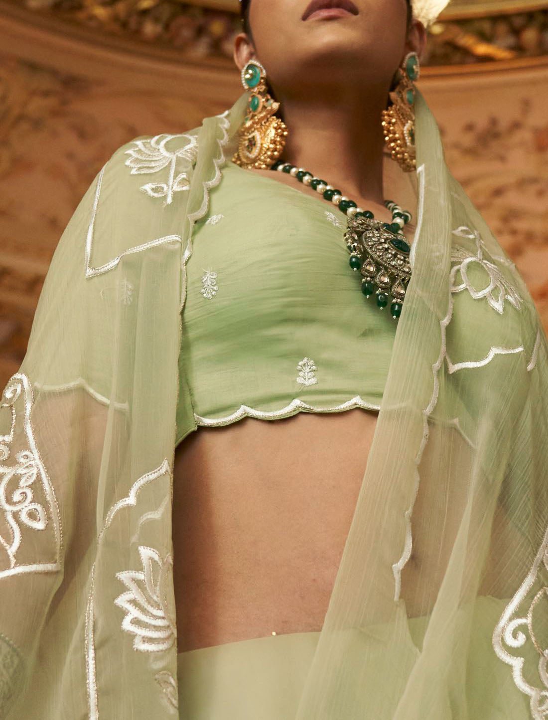 Ruby Chiffon Pista Green Multi Thread Embroidery Work Ethnic Saree