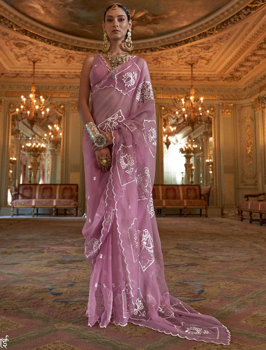 Pink Ethnic Ruby Chiffon Multi Thread Embroidery Work Saree