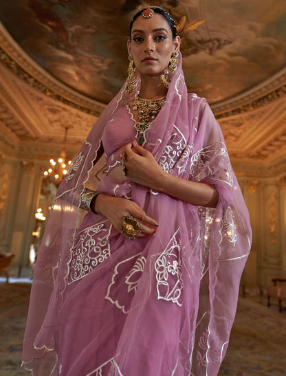 Pink Ethnic Ruby Chiffon Multi Thread Embroidery Work Saree