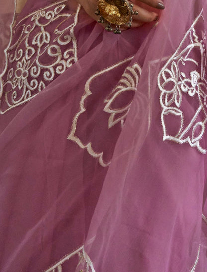 Pink Ethnic Ruby Chiffon Multi Thread Embroidery Work Saree