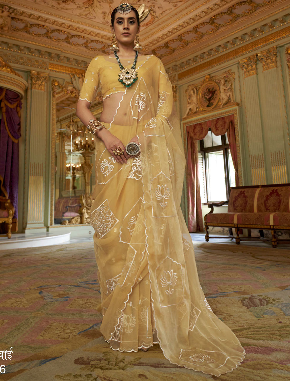 Lime Yellow Ruby Chiffon Multi Thread Embroidery Work Ethnic Saree