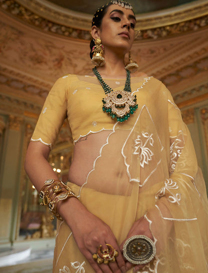 Lime Yellow Ruby Chiffon Multi Thread Embroidery Work Ethnic Saree