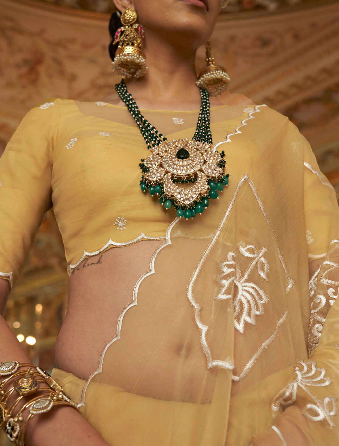 Lime Yellow Ruby Chiffon Multi Thread Embroidery Work Ethnic Saree