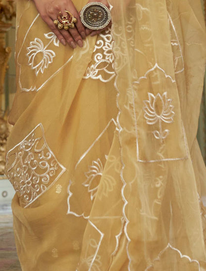 Lime Yellow Ruby Chiffon Multi Thread Embroidery Work Ethnic Saree