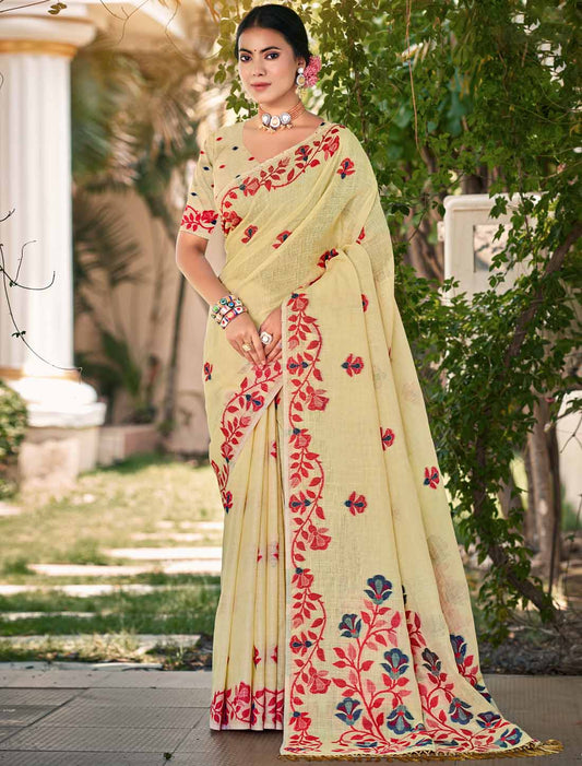 Ethnic Linen Un-Stitched Party Wear Woven Saree For Women
