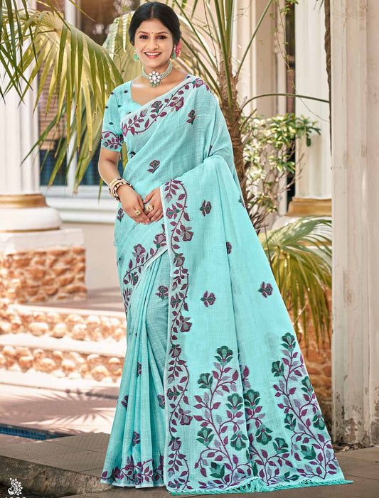 Linen Un-Stitched Party Wear Woven Ethnic Saree For Women