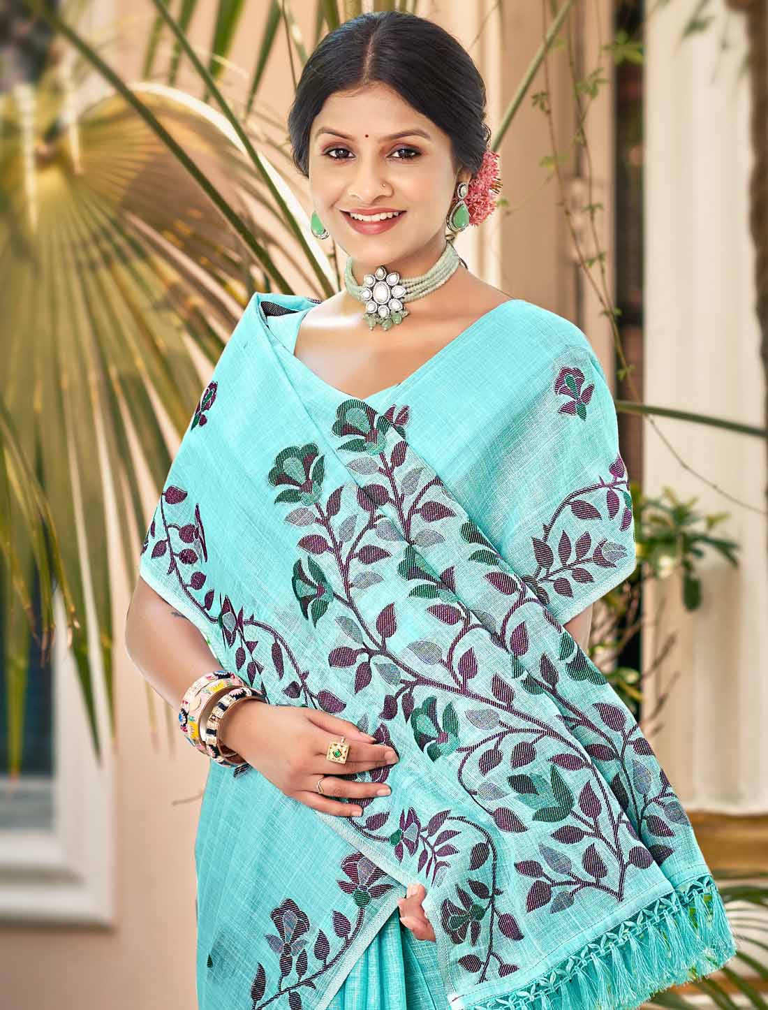 Linen Un-Stitched Party Wear Woven Ethnic Saree For Women