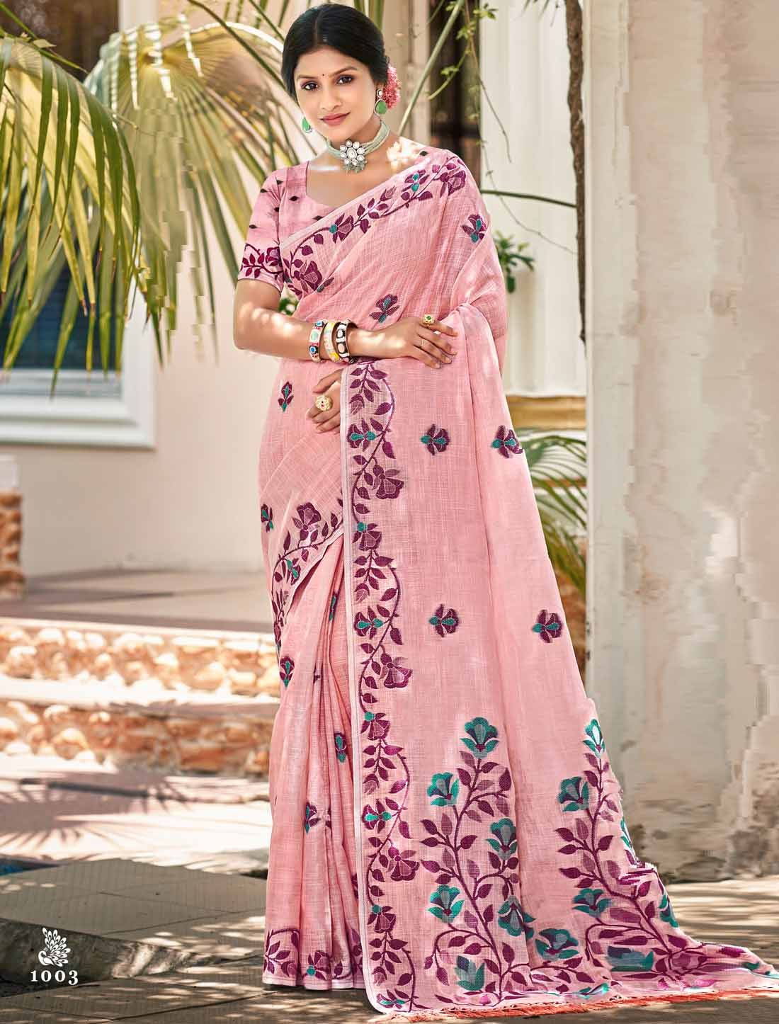 Linen Un-Stitched Ethnic Party Wear Woven Saree For Women