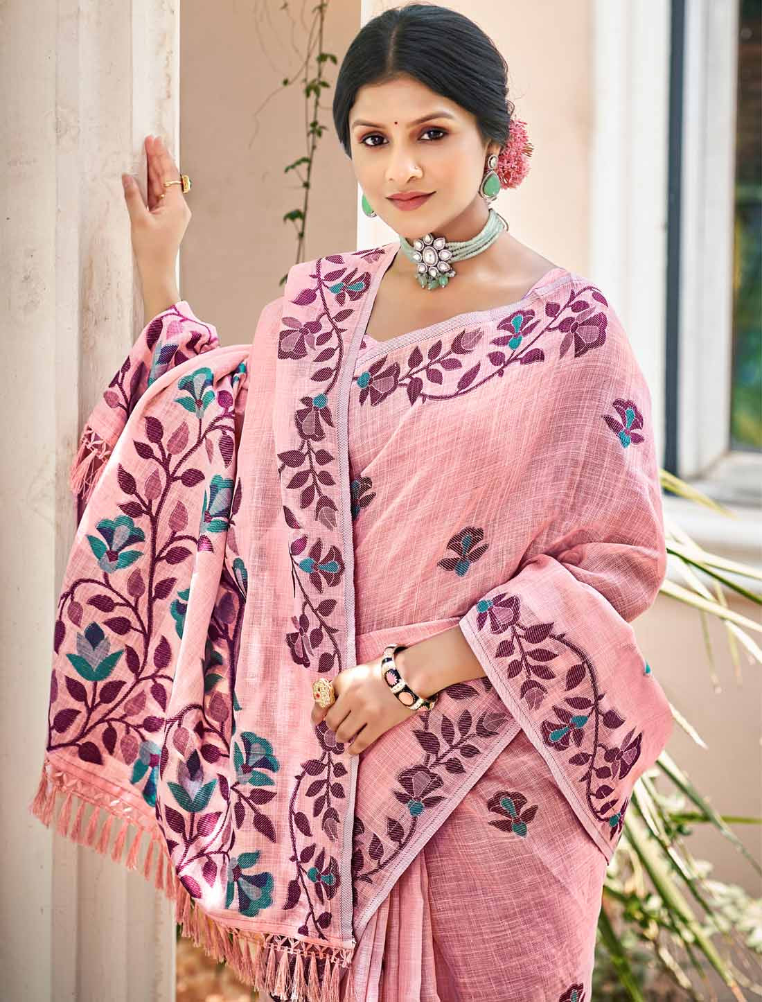 Linen Un-Stitched Ethnic Party Wear Woven Saree For Women