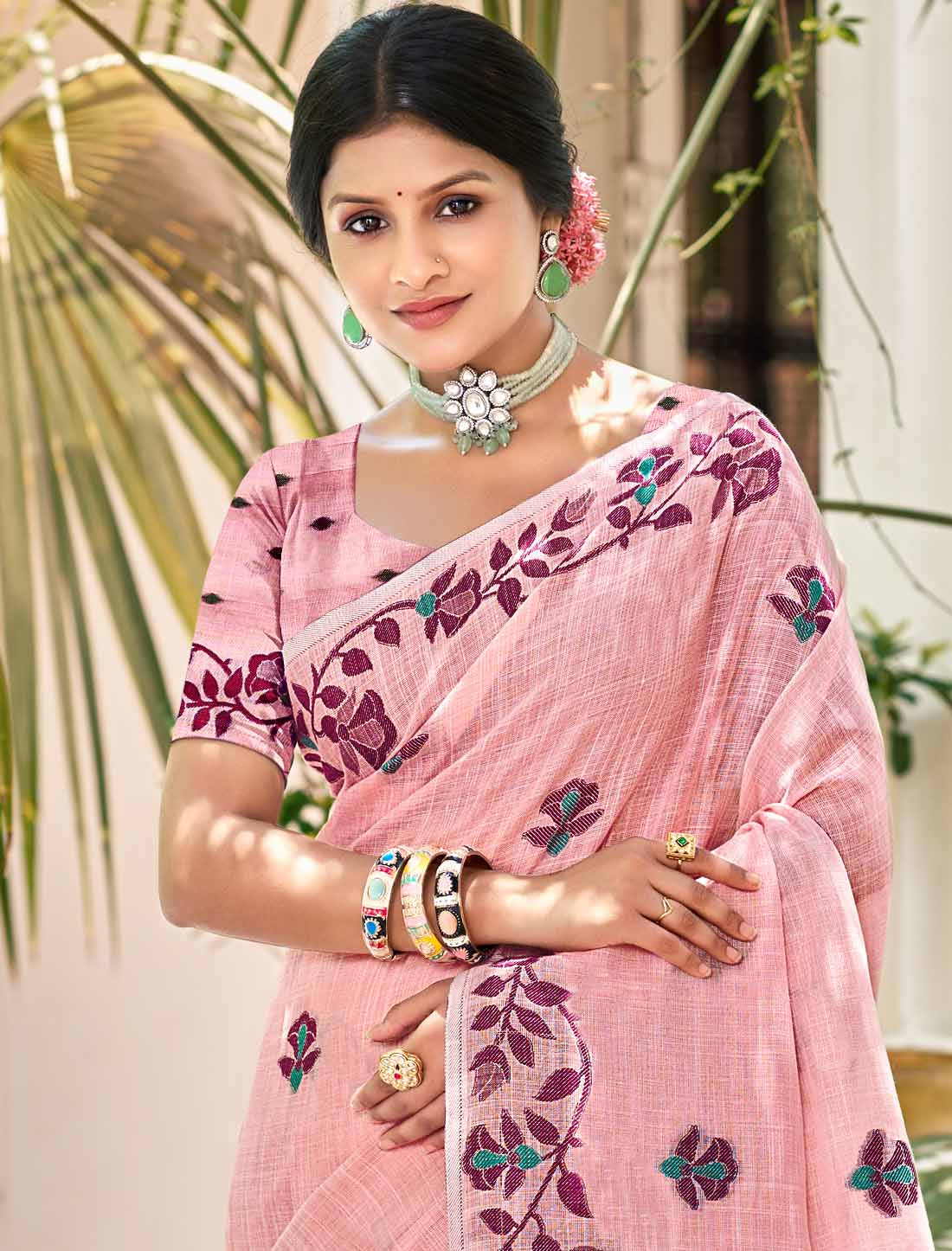 Linen Un-Stitched Ethnic Party Wear Woven Saree For Women