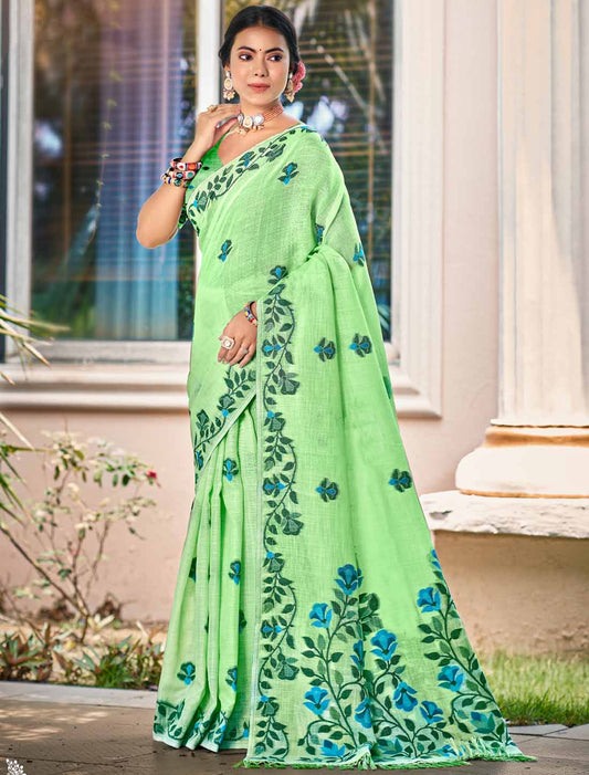 Woven Linen Ethnic Un-Stitched Party Wear Woven Saree For Women