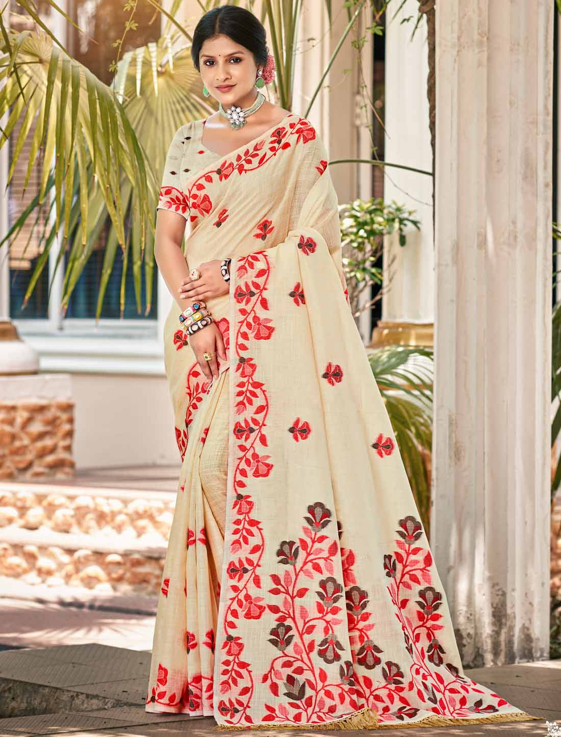 Linen Un-Stitched Party Wear Woven Saree Ethnic For Women