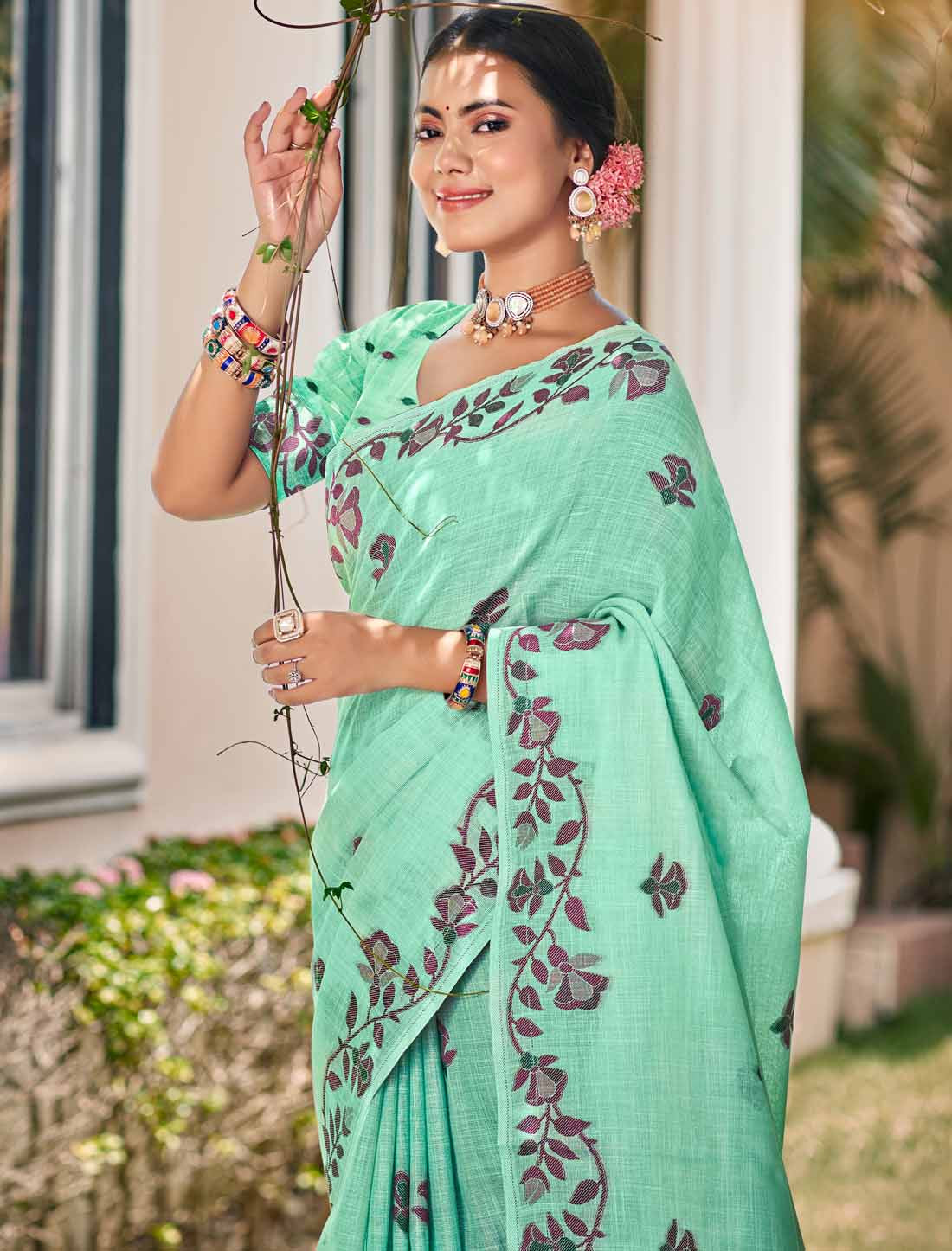 Linen Ethnic Un-Stitched Party Wear Woven Saree For Women