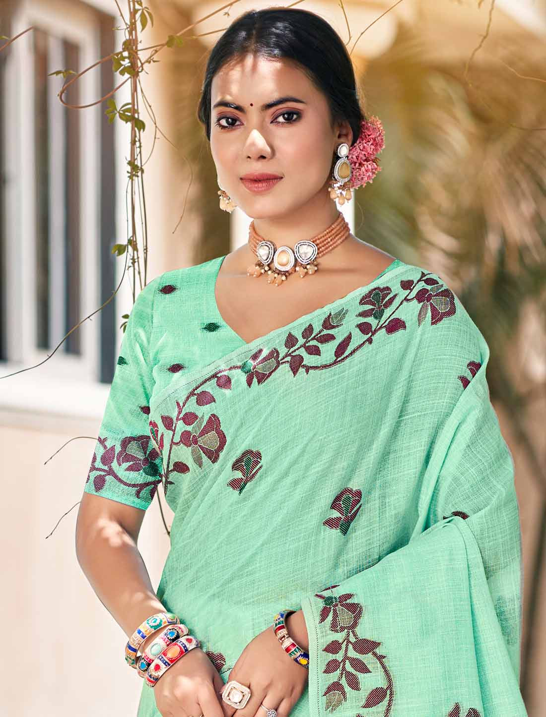 Linen Ethnic Un-Stitched Party Wear Woven Saree For Women