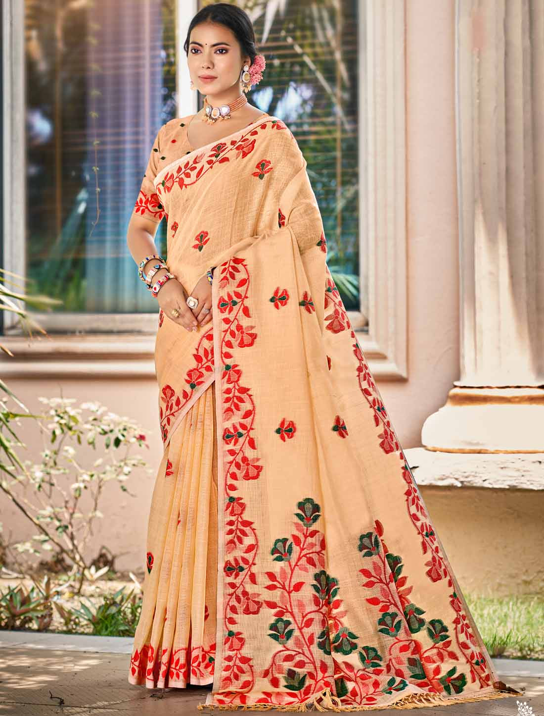 Ethnic Linen Woven Saree Un-Stitched Party Wear For Women