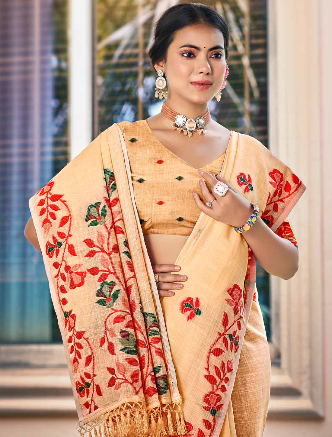 Ethnic Linen Woven Saree Un-Stitched Party Wear For Women