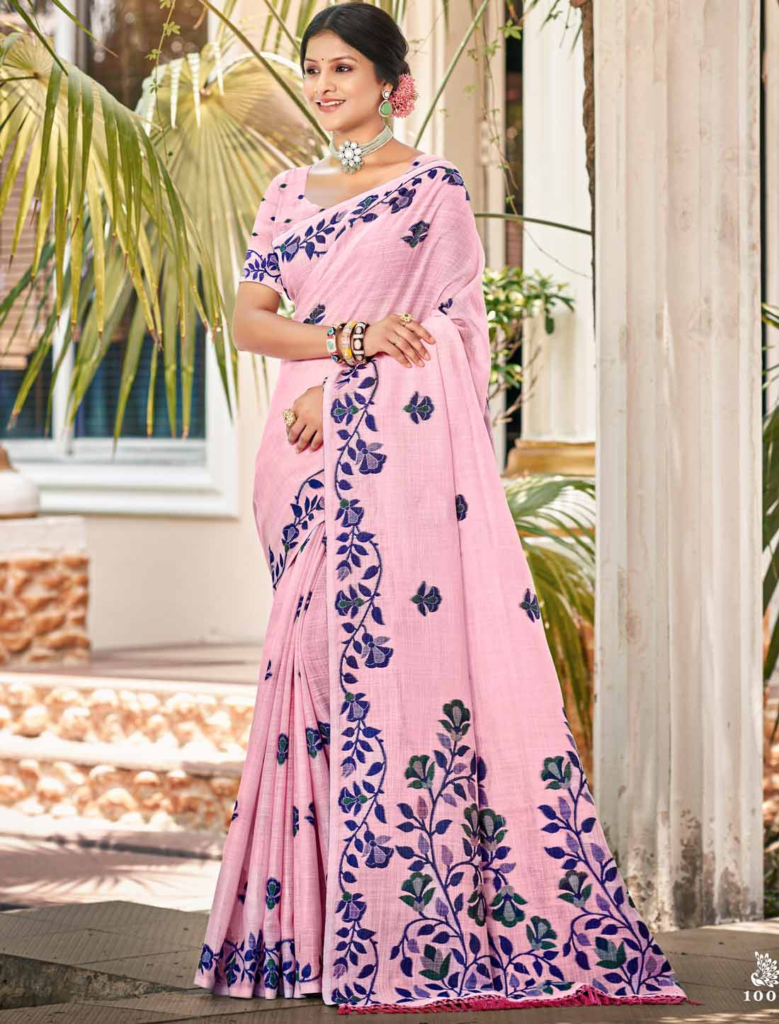 Linen Un-Stitched Ethnic Party Wear Woven Saree For Women