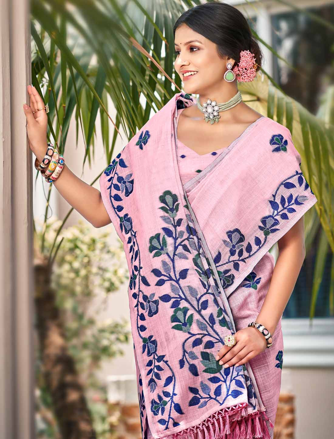 Linen Un-Stitched Ethnic Party Wear Woven Saree For Women