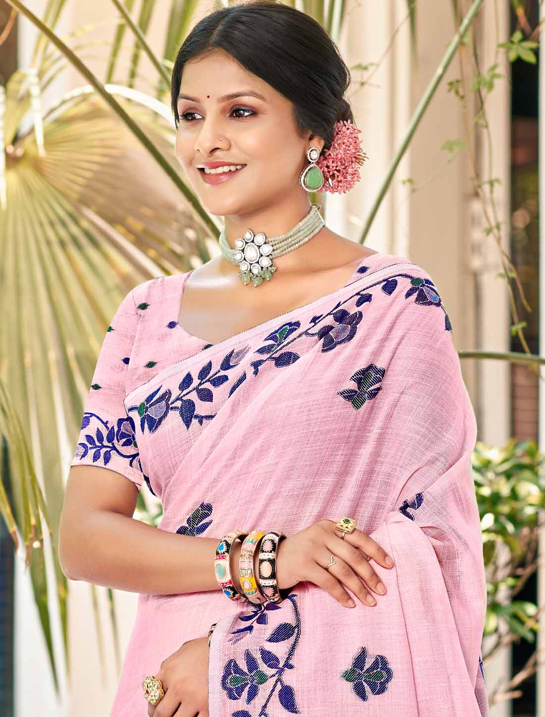 Linen Un-Stitched Ethnic Party Wear Woven Saree For Women