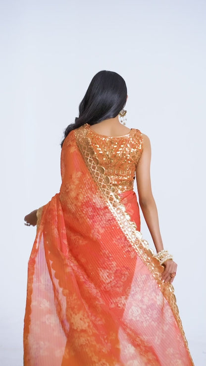 Shop the Elegance of Orange Organza Saree with Sequins Embroidery | befashionate