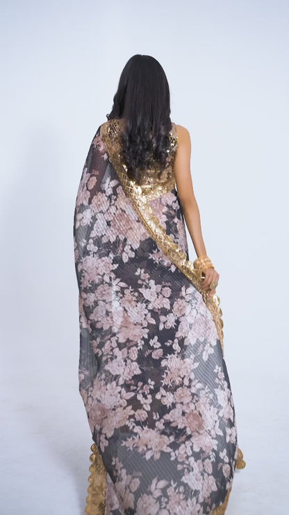 Elegant Black Organza Saree with Sequins Embroidery | befashionate