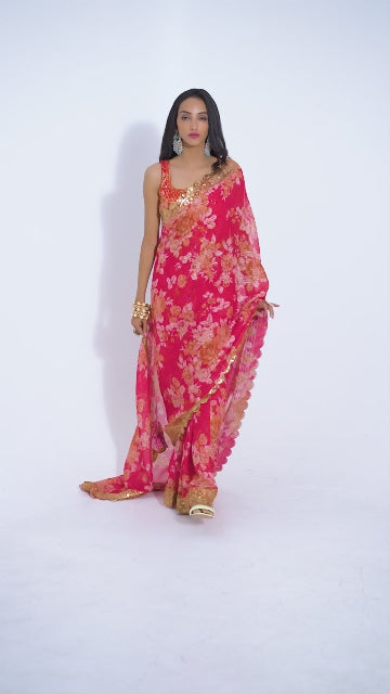 Radiant Red Organza Saree with Sequins Embroidery | befashionate