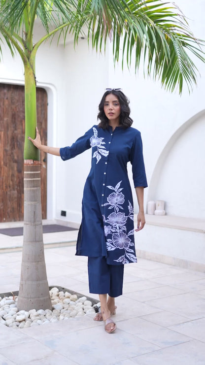 Navy Blue Floral Printed Cotton A-line Fit Kurta Pant Set