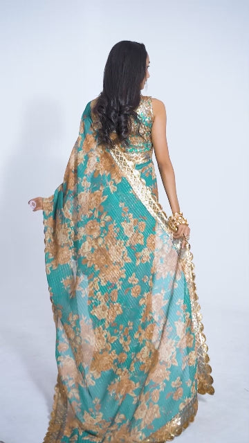 Exquisite Teal Blue Organza Saree with Sequins Embroidery | befashionate