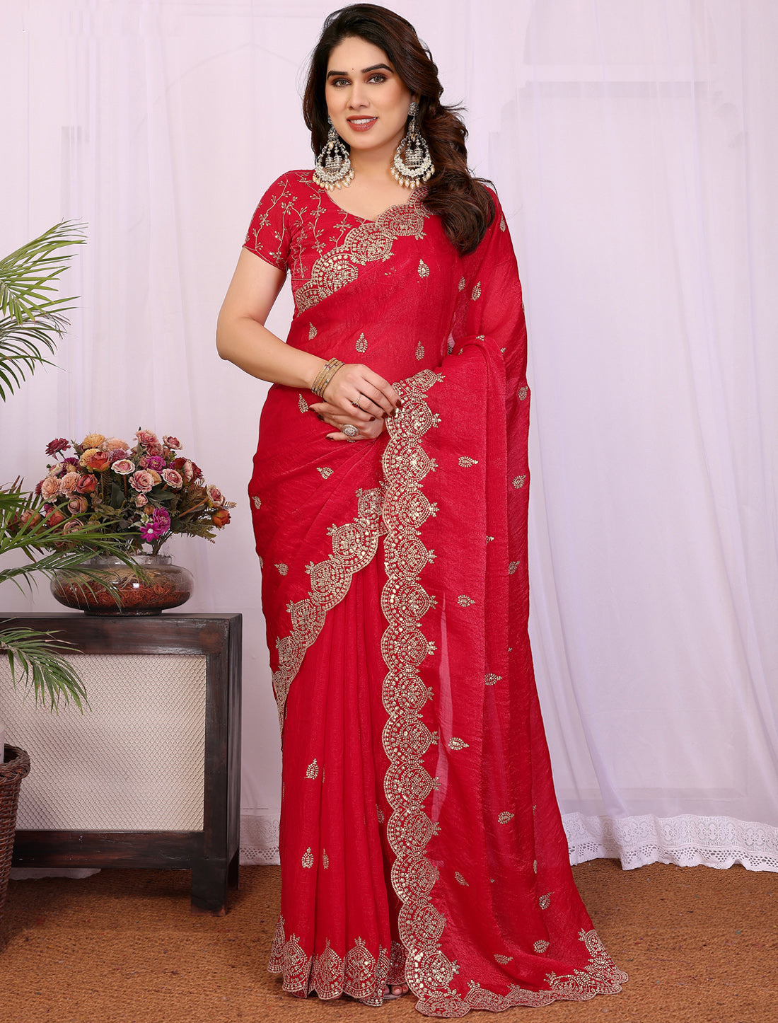 Red Pure Chiffon With Sequince Work Graceful Ethnic Saree