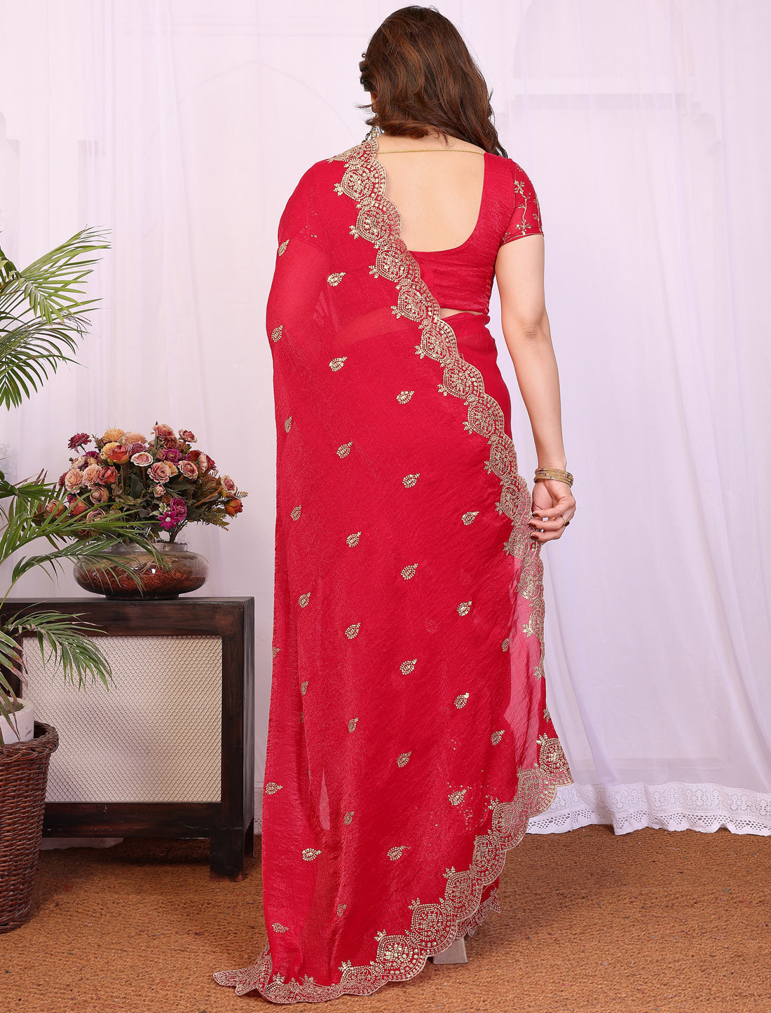 Red Pure Chiffon With Sequince Work Graceful Ethnic Saree