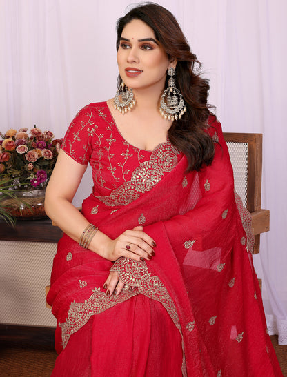 Red Pure Chiffon With Sequince Work Graceful Ethnic Saree